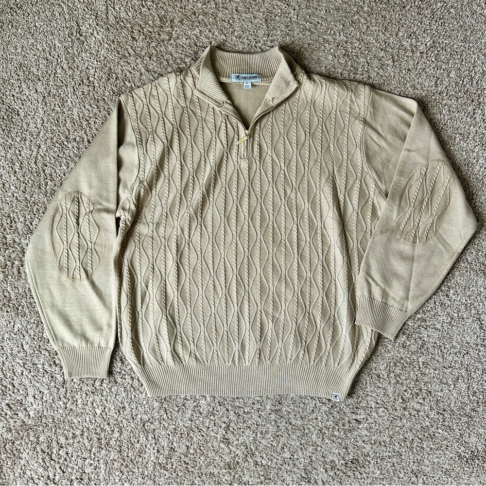 Stacy Adams‎ I Men's Tan Cable Knit 1/4 Zip Sweater I XL I Elbow Patches I Golf